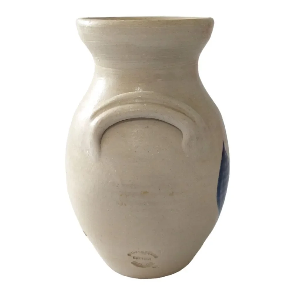 Williamsburg Pottery‎ Vase Two Handled  Blue Leaf Design Spring Summer Flowers.